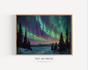 May include: A framed print of an aurora borealis scene. The artwork depicts a vibrant display of green and purple lights dancing across a starry sky above a snowy landscape with silhouetted trees and a frozen lake. The text "NINI ART BRUSH" is at the bottom.