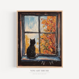 Black Cat Artwork Fall Print Cat Painting Vintage Fall Decor Fall Wall Art Printable Wall Art Halloween Decor Halloween Print Oil Painting