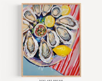 Oesterprint retro kustmuurkunst vintage olieverfschilderij Oyster Wall Art keuken decor Beachy Wall Art Oyster schilderij afdrukbare muur kunst
