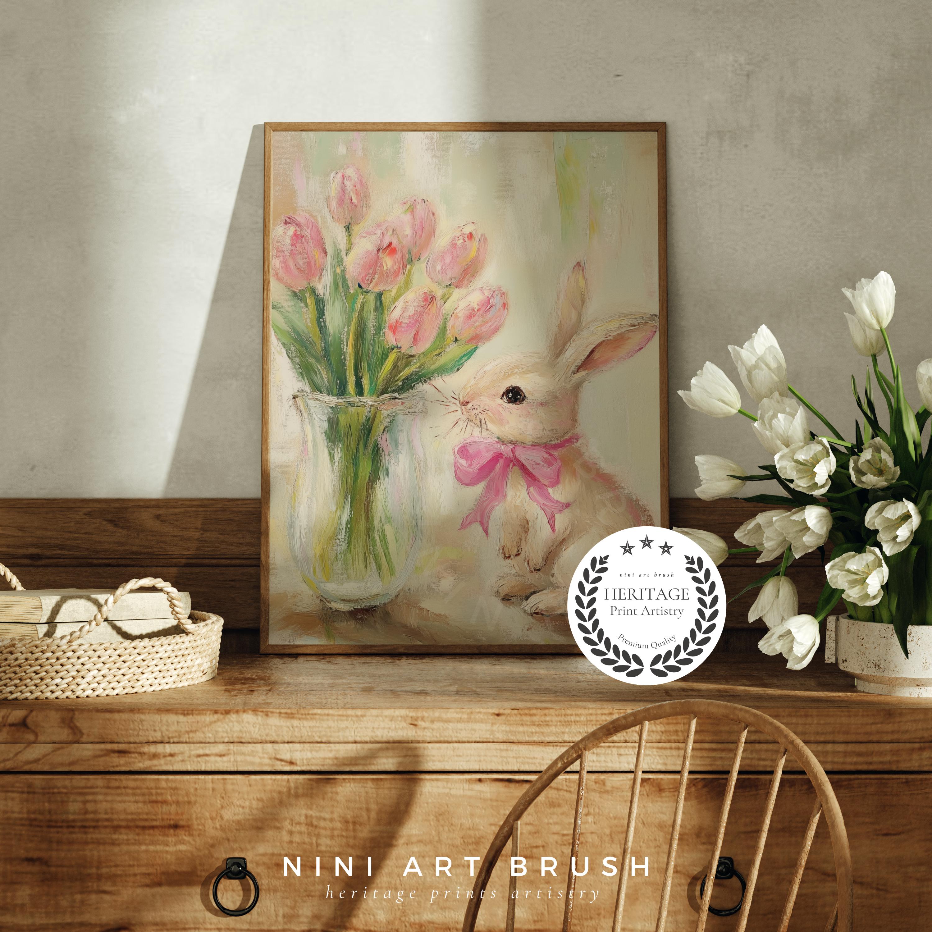Vintage Easter Bunny Print Rabbit Wall Art Tulip Floral Wall Art Spring ...