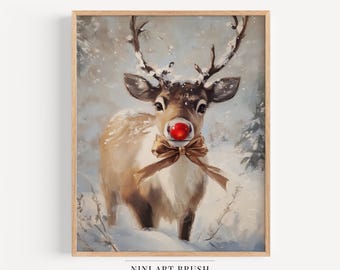 Reindeer Print Rudolph Print Christmas Wall Art Christmas Decor Winter Deer Oil Painting Vintage Wall Art Nursery Decor Nordic Christmas