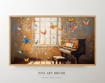Puede incluir: Una pintura de un piano en una habitación con una ventana. La ventana está abierta y hay mariposas volando fuera de ella. El piano es marrón y tiene un teclado blanco. Hay un taburete delante del piano. La habitación está pintada en tonos marrones y beige. La pintura se titula "NINI ART BRUSH HERITAGE PRINTS ARTISTRY".