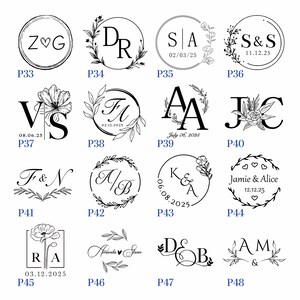 Pode incluir: Uma cole&ccedil;&atilde;o de selos de casamento personalizados com iniciais, datas e desenhos florais ou bot&acirc;nicos. Cada selo &eacute; circular ou quadrado, com fontes elegantes e elementos decorativos. Perfeitos para personalizar papelaria de casamento.