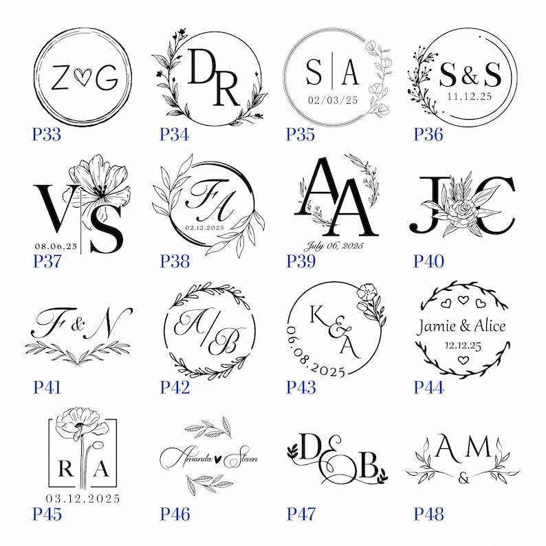 Pode incluir: Uma cole&ccedil;&atilde;o de selos de casamento personalizados com iniciais, datas e desenhos florais ou bot&acirc;nicos. Cada selo &eacute; circular ou quadrado, com fontes elegantes e elementos decorativos. Perfeitos para personalizar papelaria de casamento.