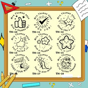 May include: A collection of teacher stamps with various designs and phrases. Each stamp features the text "Mrs. Thomas says" along with positive messages like "Good Job!", "Shine like a star!", and "You're turtley awesome!" The stamps are in black ink.