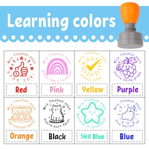 May include: A set of colorful stamps for learning colors, featuring an orange handle and gray base. Each stamp has a different design and color, including red, pink, yellow, purple, orange, black, sky blue, and blue. The text "Learning colors" is at the top.