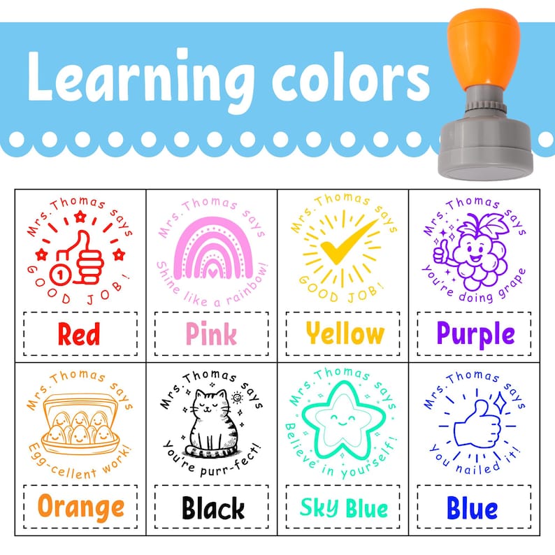 May include: A set of colorful stamps for learning colors, featuring an orange handle and gray base. Each stamp has a different design and color, including red, pink, yellow, purple, orange, black, sky blue, and blue. The text "Learning colors" is at the top.