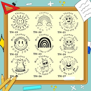 May include: A collection of nine black and white stamps with various designs, including a sun, rainbow, frog, smiley face, owl, cat, llama, and bee. Each stamp features the phrase "Mrs. Thomas says" and a positive message.