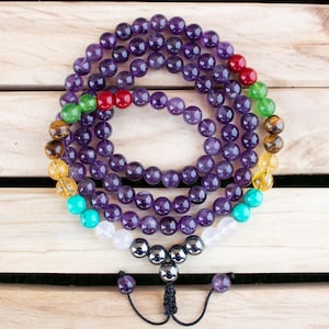 Mala dei sette chakra in ametista – Perle di preghiera e meditazione in pietra
