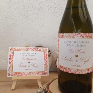 Lot étiquettes bouteilles de Vin et Champagne personnalisées pour votre évènement - style Champêtre Pampas Rose Beige modèle 120