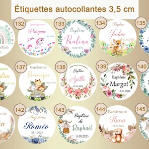 May include: A set of 15 round, 3.5 inch diameter, personalized stickers with various themes, including rainbows, unicorns, animals, and floral designs. The stickers feature names and dates, making them ideal for events like birthdays, baptisms, and anniversaries.