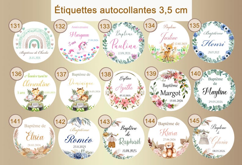 May include: A set of 15 round, 3.5 inch diameter, personalized stickers with various themes, including rainbows, unicorns, animals, and floral designs. The stickers feature names and dates, making them ideal for events like birthdays, baptisms, and anniversaries.