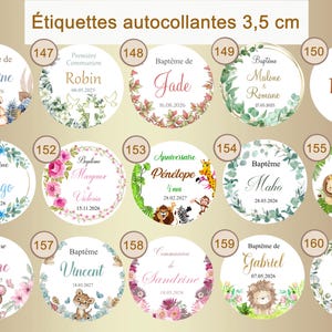 May include: A set of 10 round, 3.5 inch diameter, personalized stickers with various themes, including baptism, first communion, and birthday. The stickers feature watercolor illustrations of animals, flowers, and foliage. The text on the stickers includes names, dates, and events.