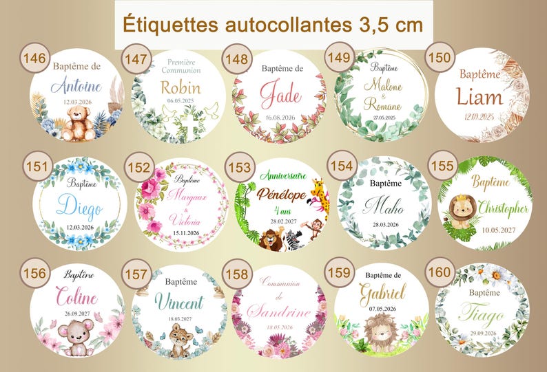 May include: A set of 10 round, 3.5 inch diameter, personalized stickers with various themes, including baptism, first communion, and birthday. The stickers feature watercolor illustrations of animals, flowers, and foliage. The text on the stickers includes names, dates, and events.