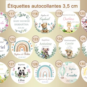May include: Twelve round, white, 3.5 inch diameter stickers with various designs and text. The designs include a rainbow, a panda bear, a koala, a giraffe, a hot air balloon, and butterflies. The text includes names, dates, and phrases like "Baptism", "Baby Shower", and "Anniversary".