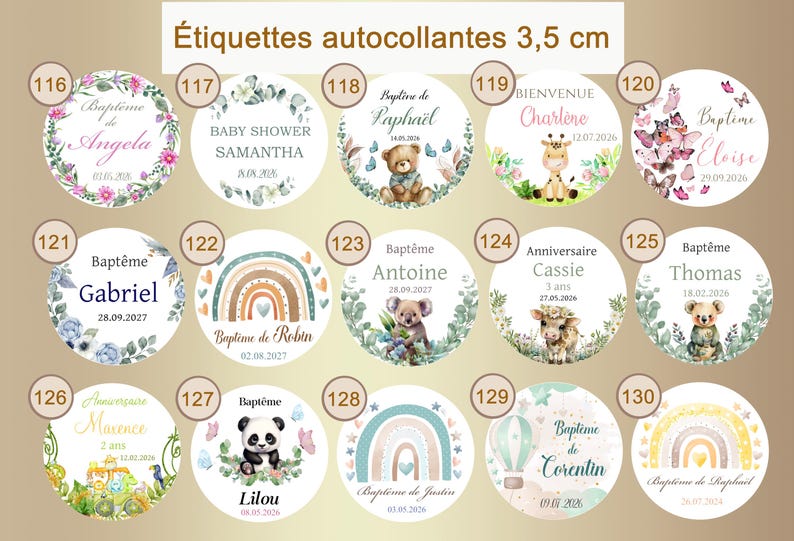 May include: Twelve round, white, 3.5 inch diameter stickers with various designs and text. The designs include a rainbow, a panda bear, a koala, a giraffe, a hot air balloon, and butterflies. The text includes names, dates, and phrases like "Baptism", "Baby Shower", and "Anniversary".