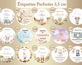 Étiquettes 3,5cm perforées personnalisées pour Baptême, Anniversaire, Baby Shower, Naissance, Fête, Gender Reveal, Communion