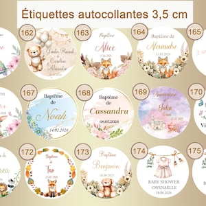 May include: A set of 10 round, 3.5 cm diameter, self-adhesive labels with various designs and text. The labels feature themes such as baptism, baby shower, and birthdays. Some labels include illustrations of animals, such as foxes, bunnies, and elephants. The labels are printed on white paper with gold accents.