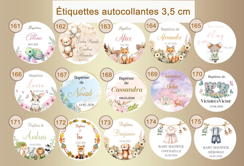 May include: A set of 10 round, 3.5 cm diameter, self-adhesive labels with various designs and text. The labels feature themes such as baptism, baby shower, and birthdays. Some labels include illustrations of animals, such as foxes, bunnies, and elephants. The labels are printed on white paper with gold accents.