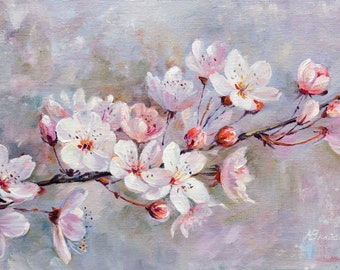 Sakura CUSTOM original oil painting, Handmade Botanical Illustrations, Home Wall Decor