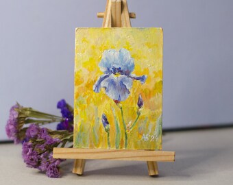 ACEO card 2.5x3.5 in, Original Miniature Blue Iris, Tiny Paintings, Mini Wall Art