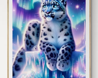 Majestic Snow Leopard Print, Elegant Wildlife Wall Art, Exotic Animal Poster, Mountain Predator Illustration, Nature-Inspired Home Decor,