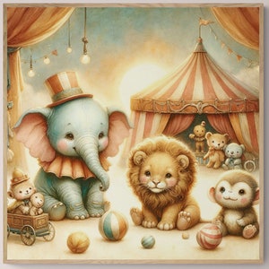 Adorables animales de circo para habitación de bebé: decoración infantil con adorables estampados de animales, decoración infantil de género neutro, póster ilustrado.