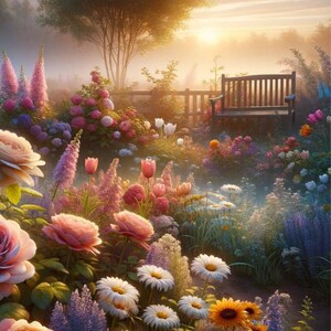 Serene Flower Garden Print - Tranquil Floral Landscape Art, Peaceful Nature Wall Decor, Colorful Botanical Illustration, Relaxing Artwork