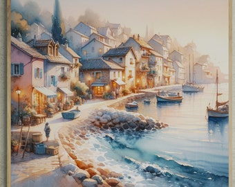 Küstenstadt Aquarell Druck, Dorf am Meer Kunst (Digitaler Download)