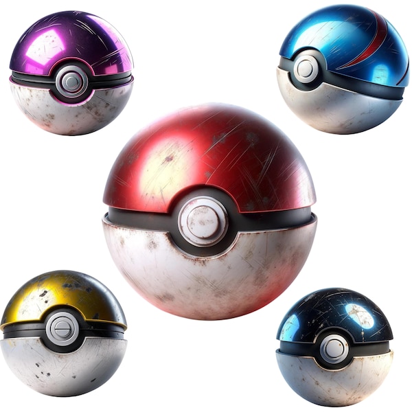 Realistic pokeball Print, Bundle Of 5, With A Used And Worn Look, Game Room Wall Art