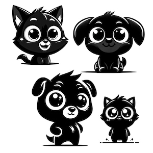 Set of 4 Animal SVG, Minimalist Black and White Cartoon Drawings, No Background, Digital Files