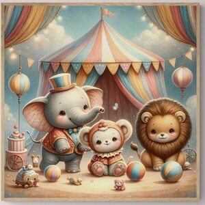 Adorables animales de circo para habitación de bebé: decoración infantil con adorables estampados de animales, decoración infantil de género neutro, póster ilustrado.