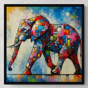 Może przedstawiać: Kolorowy abstrakcyjny obraz przedstawiający słonia z geometrycznymi kształtami i wzorami w odcieniach czerwieni, błękitu, zieleni, żółci i różu. Słoń idzie po białym tle z niebieskimi i żółtymi plamami.