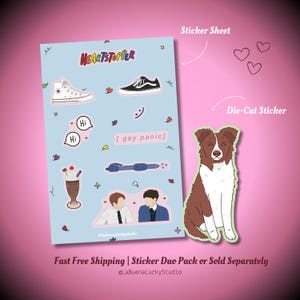 May include: A light blue sticker sheet featuring the text Heartstopper, a white high-top sneaker, a black low-top sneaker, two speech bubbles with Hi, a gay panic label, a pen, a milkshake, and two people, alongside a die-cut brown and white dog sticker.