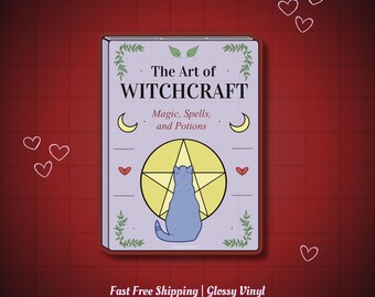 Witchcraft Cat Book, Creepy Cute, Dark, Whimsical, Mystical Magic Decal, Glossy Sticker