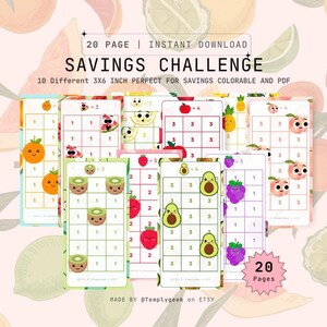 Puede incluir: Un conjunto de 20 páginas imprimibles con desafíos de ahorro temáticos de frutas coloridas. Cada página incluye una cuadrícula de 3x6 con una imagen de fruta diferente y una ecuación matemática simple. Las páginas están diseñadas para colorear y se pueden usar para ayudar a los niños a aprender sobre el ahorro.