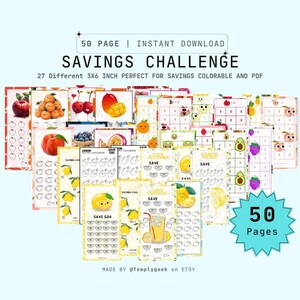 May include: A set of 50 printable pages featuring a savings challenge with a lemon theme. The pages are designed to be coloured and include a variety of fruit illustrations. The text "SAVINGS CHALLENGE" is displayed at the top of the image.