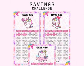 May include: A savings challenge chart with three colourful unicorn illustrations. Each chart has a goal of saving £36 and uses candy images to track progress.