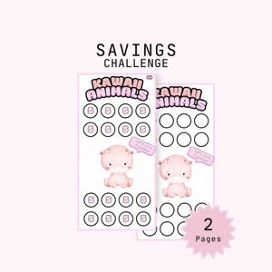 Könnte beinhalten: Zwei druckbare Seiten einer Sparherausforderung mit einer Illustration eines rosa Flusspferdes. Die Herausforderung trägt den Titel "Kawaii Animals" und ermutigt zum Sparen von 5 € pro Mal. Der Text "Let's save together" ist auf jeder Seite enthalten.