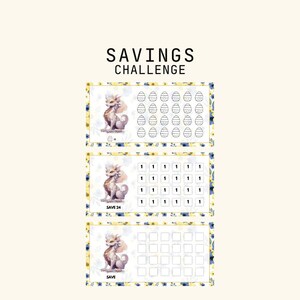 May include: A savings challenge printable with a cute dragon illustration. The printable has three sections: one with 36 eggs to color in, one with 24 numbers to color in, and one with 16 blank squares to color in. The text "SAVINGS CHALLENGE" is at the top of the printable.