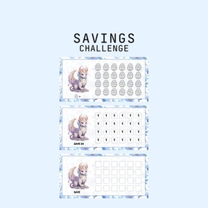 May include: A savings challenge tracker with a cute dragon illustration. The tracker has three sections: a blank grid, a grid with numbers 1-24, and a grid with 36 empty circles. The text "SAVINGS CHALLENGE" is at the top of the image.