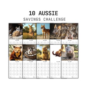 Puede incluir: Un gráfico imprimible de 10 desafíos de ahorro australiano con imágenes de animales australianos. Cada animal tiene un gráfico con 10 círculos para colorear a medida que ahorras 100 €. El texto "10 Aussie Savings Challenge" está en la parte superior del gráfico.
