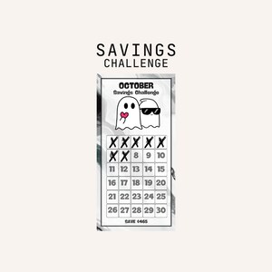 Puede incluir: Un calendario de desafío de ahorro de octubre imprimible en blanco y negro con un gráfico de fantasma. El calendario tiene un fondo de mármol blanco y negro y el texto "OCTOBER Savings Challenge". El calendario tiene un gráfico de fantasma con un corazón y gafas de sol. El calendario tiene los números del 1 al 30 y el texto "SAVE 465 €".
