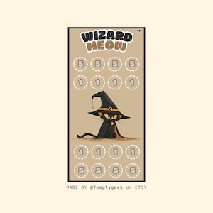 May include: A printable bingo card with a black cat wearing a witch's hat and the text "Wizard Meow" and "48". The card has numbers 1 and 5 in circles.