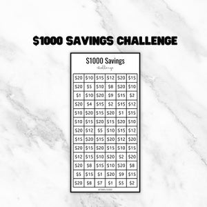 Printable 1000 Dollar Savings Challenge, Digital Download, PDF