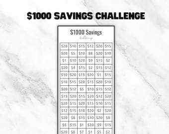 Printable 1000 Dollar Savings Challenge, Digital Download, PDF