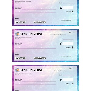 May include: A stylized checkbook with a galaxy background. The checkbook is from Bank Universe and has a memo line, a pay to the order of line, and a line for the amount. The checkbook has a space for the date and an authorized signature. The checkbook has a lock icon next to the amount line. The checkbook has a number 0001 in the top right corner.