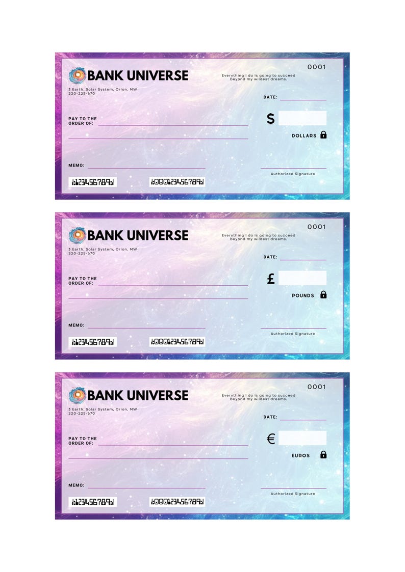 May include: A stylized checkbook with a galaxy background. The checkbook is from Bank Universe and has a memo line, a pay to the order of line, and a line for the amount. The checkbook has a space for the date and an authorized signature. The checkbook has a lock icon next to the amount line. The checkbook has a number 0001 in the top right corner.
