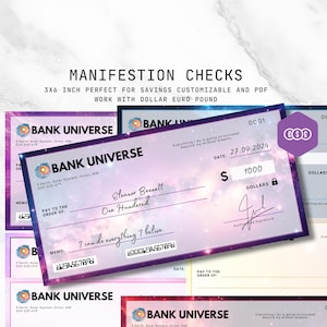 May include: A printable manifestation check with a galaxy background. The check is designed for use with the Bank Universe. The check has a date of 27.09.2024 and an amount of $1000. The memo line reads "I can do everything I believe".