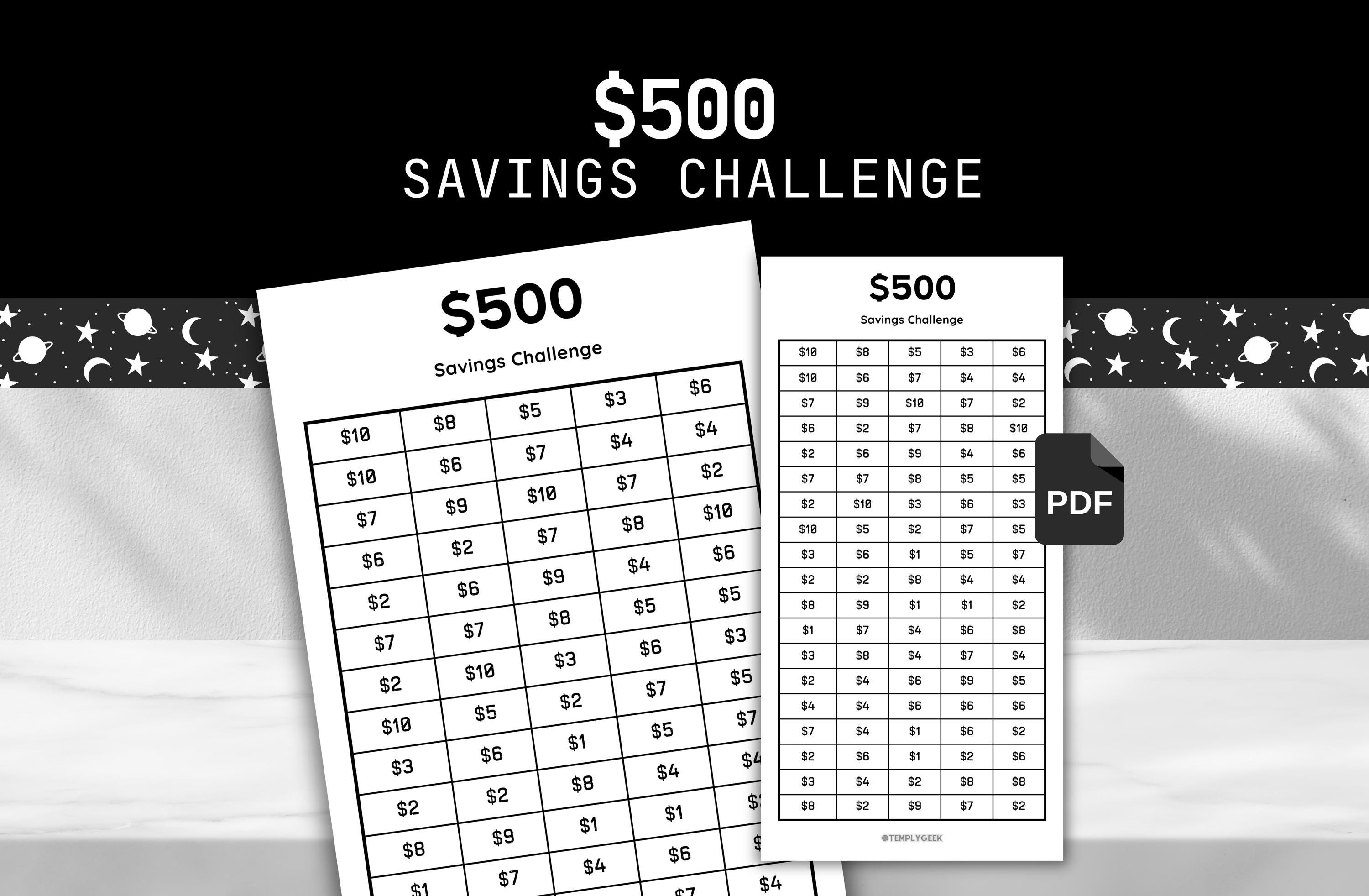 500 Dollar Savings Challenge - Printable  - Digital Download - PDF - Savings Challenge and Budget Savings Tracker